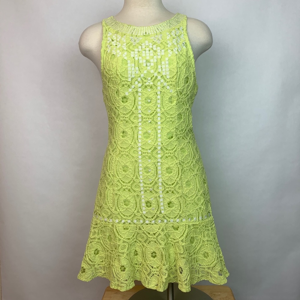ASTR Sleeveless Lace Racerback Flounce Dress Yellow Green Small